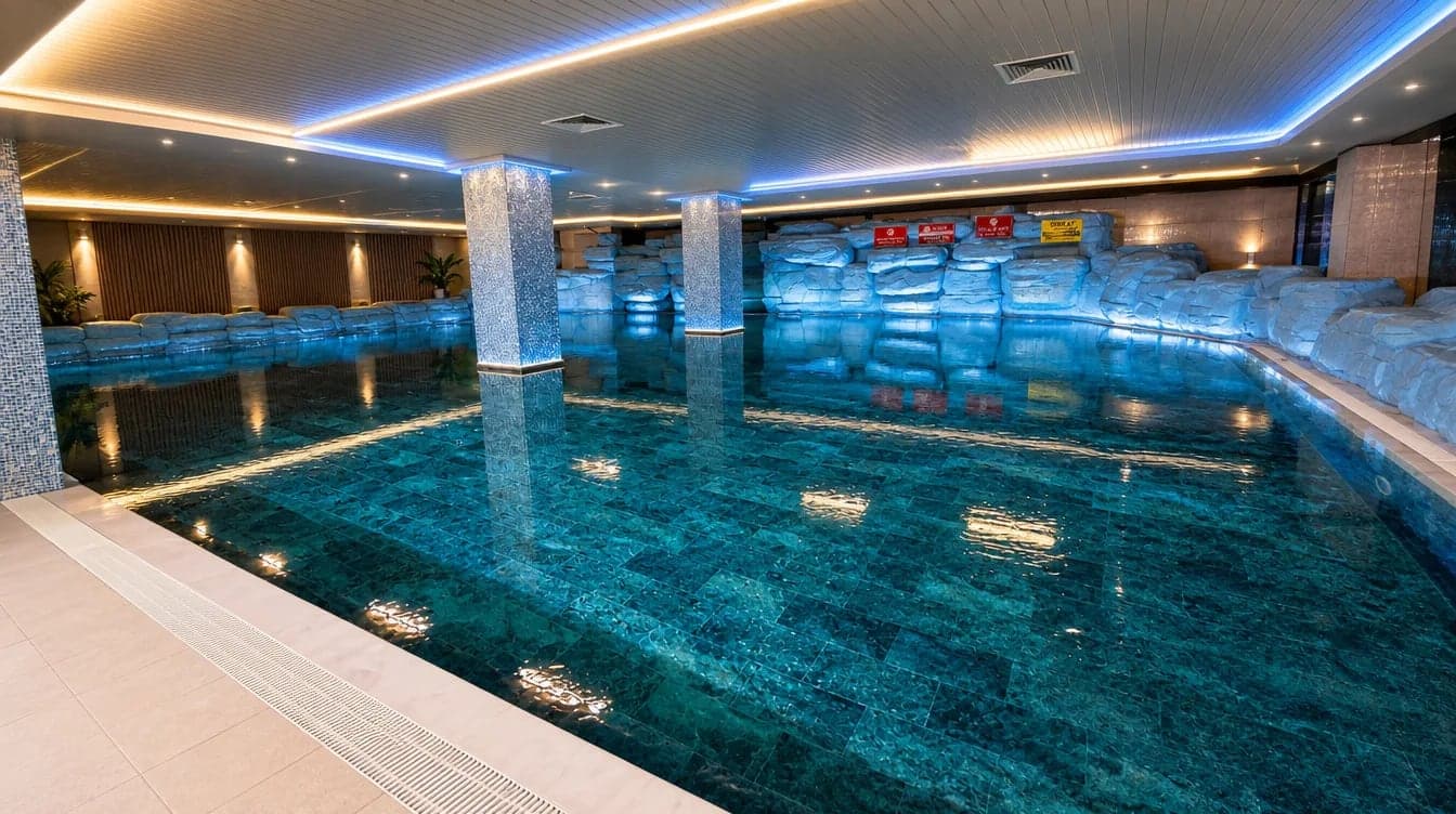 Spa merkezinde mavi ışıklarla aydınlatılmış kapalı yüzme havuzu