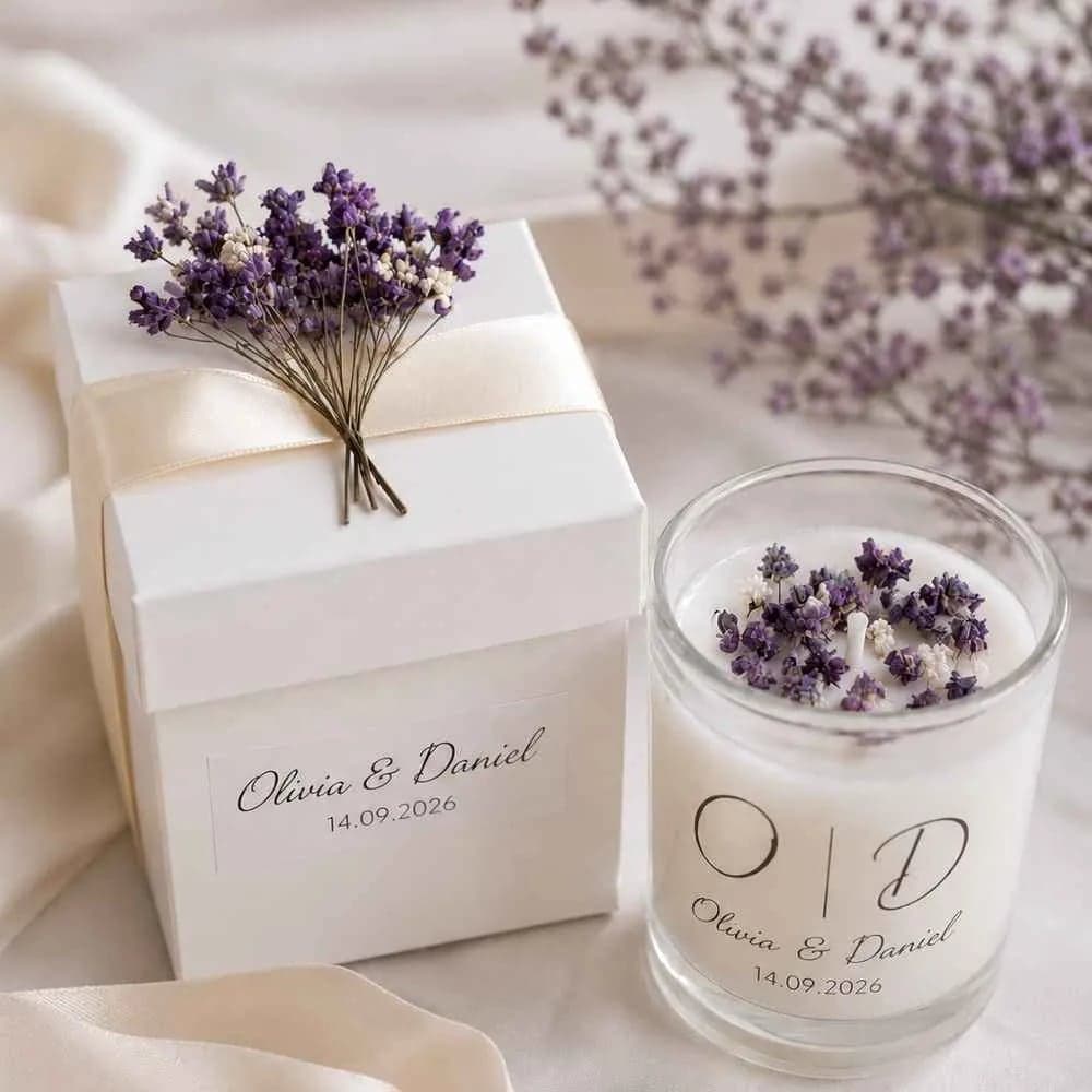 Kuru lavanta süslü isimli hediye kutusu ve monogram baskılı mum
