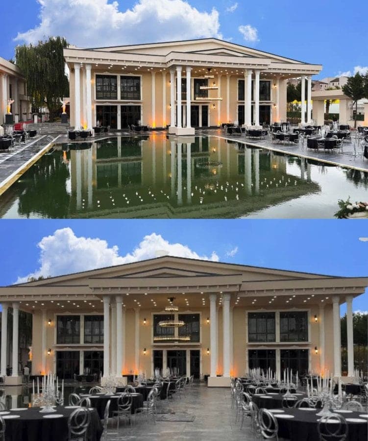 Sütunlu cepheli salon binası, önündeki havuz ve havuz kenarına kurulan yemek masaları